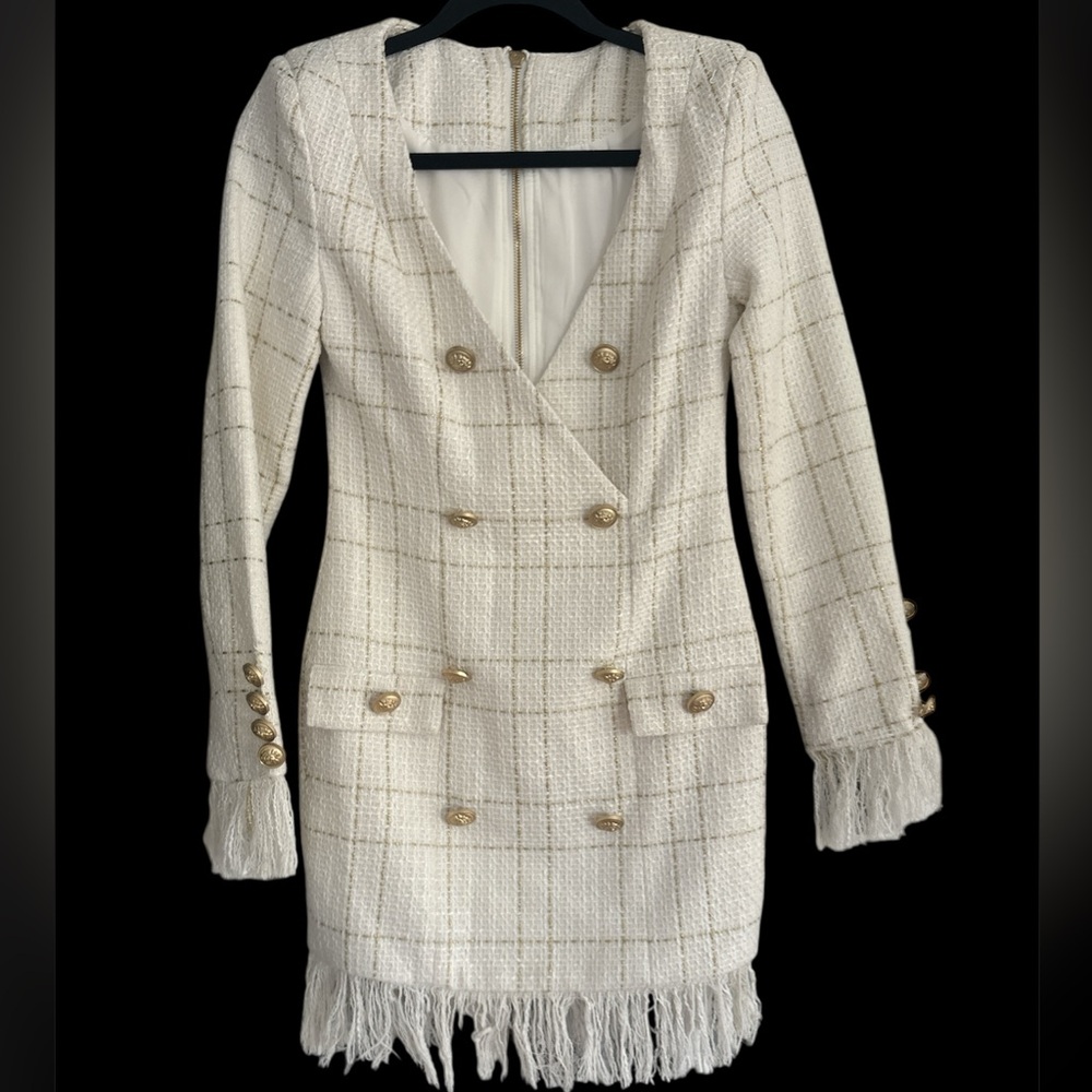 White Double-Breasted Tweed Women's Jacket dress fringe gold metallic XS